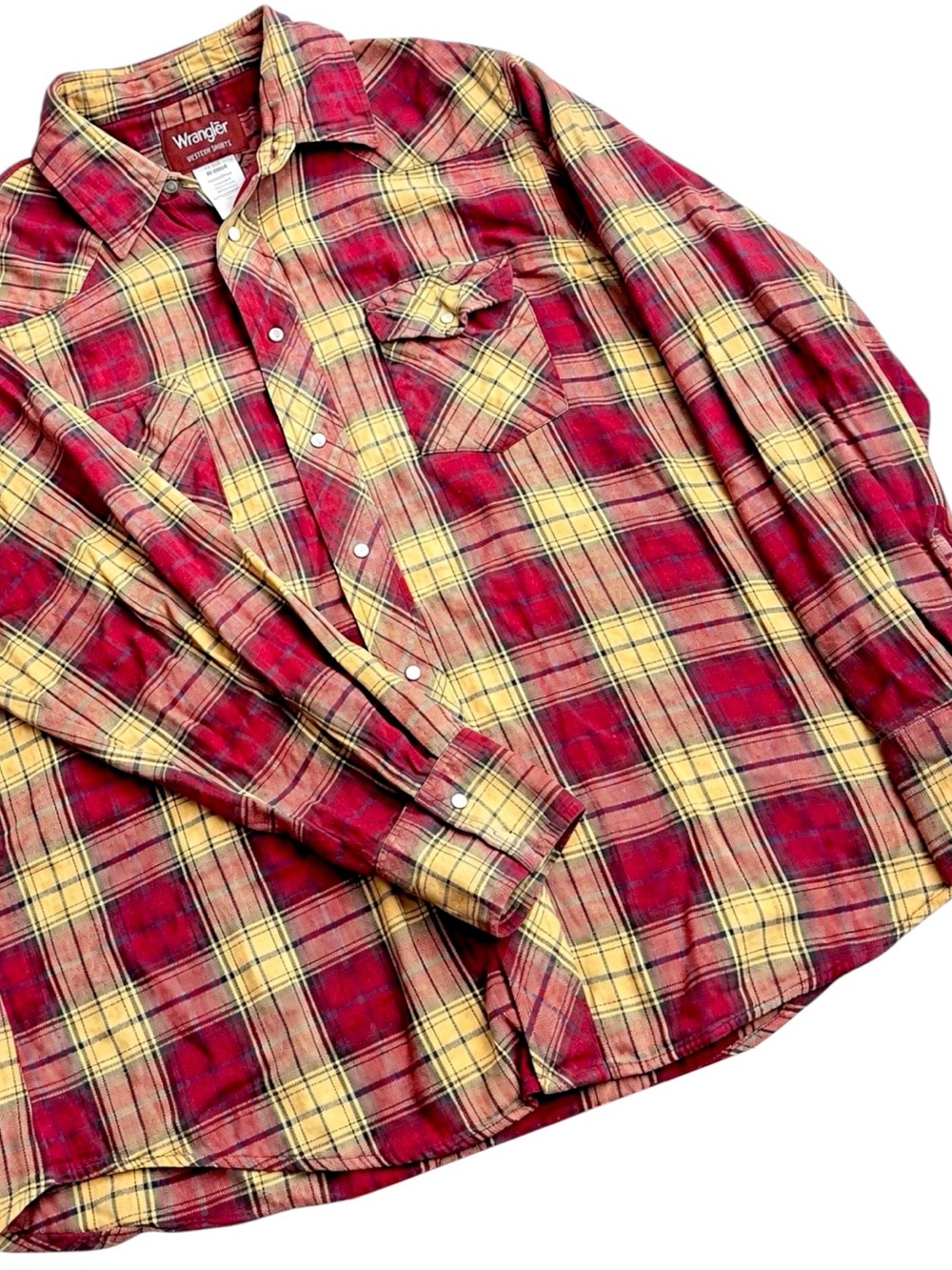 Wrangler Western Pearl Snap Flannel Shirt Men’s XL Red Yellow Plaid Cowboy Ranch